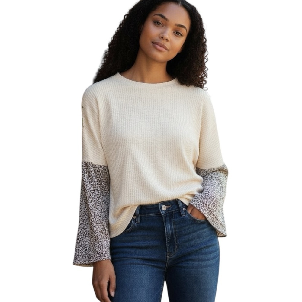 Roolee Small Cream Thermal Boho Bell Sleeve Shirt Cottagecore Neutral